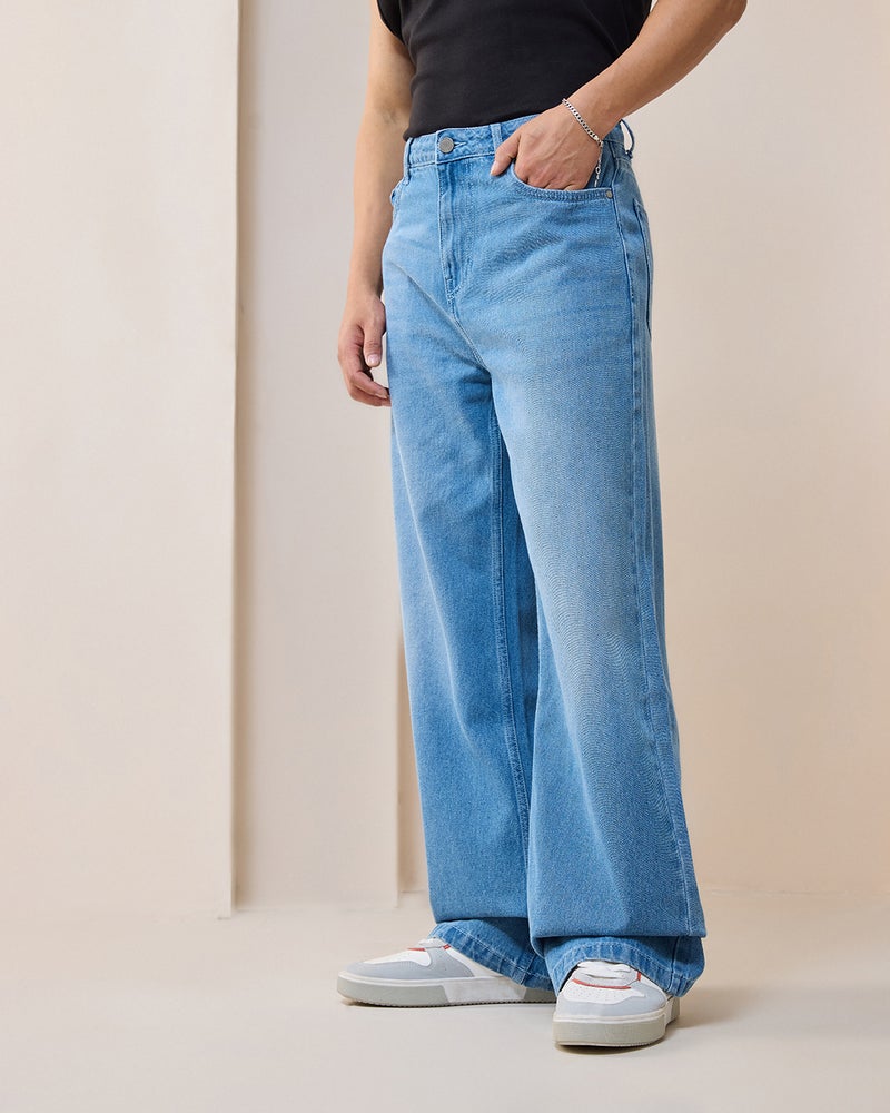 bewakoof Men's Blue Washed Super Baggy Fit Mid-Rise Jeans - Image 2